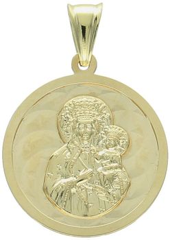 Duży złoty medalik próby 585 z wizerunkiem Matki Boskiej z Dzieciątkiem. Wymiary 2,5 cm, waga 4,81 g. Elegancka, klasyczna zawieszka religijna.1.jpg